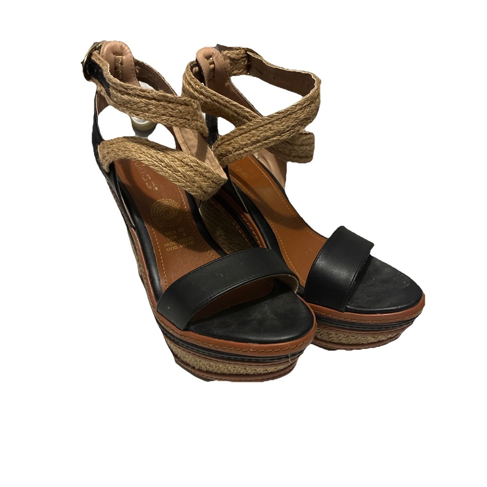 Cklass-wedge espadrille Strap Black/Brown Tweed sandals Size 8 EUC